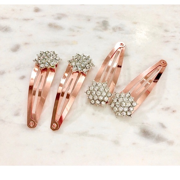 4 Piece Rose Gold With Crystal Barrette Clips - Picture 2 of 6